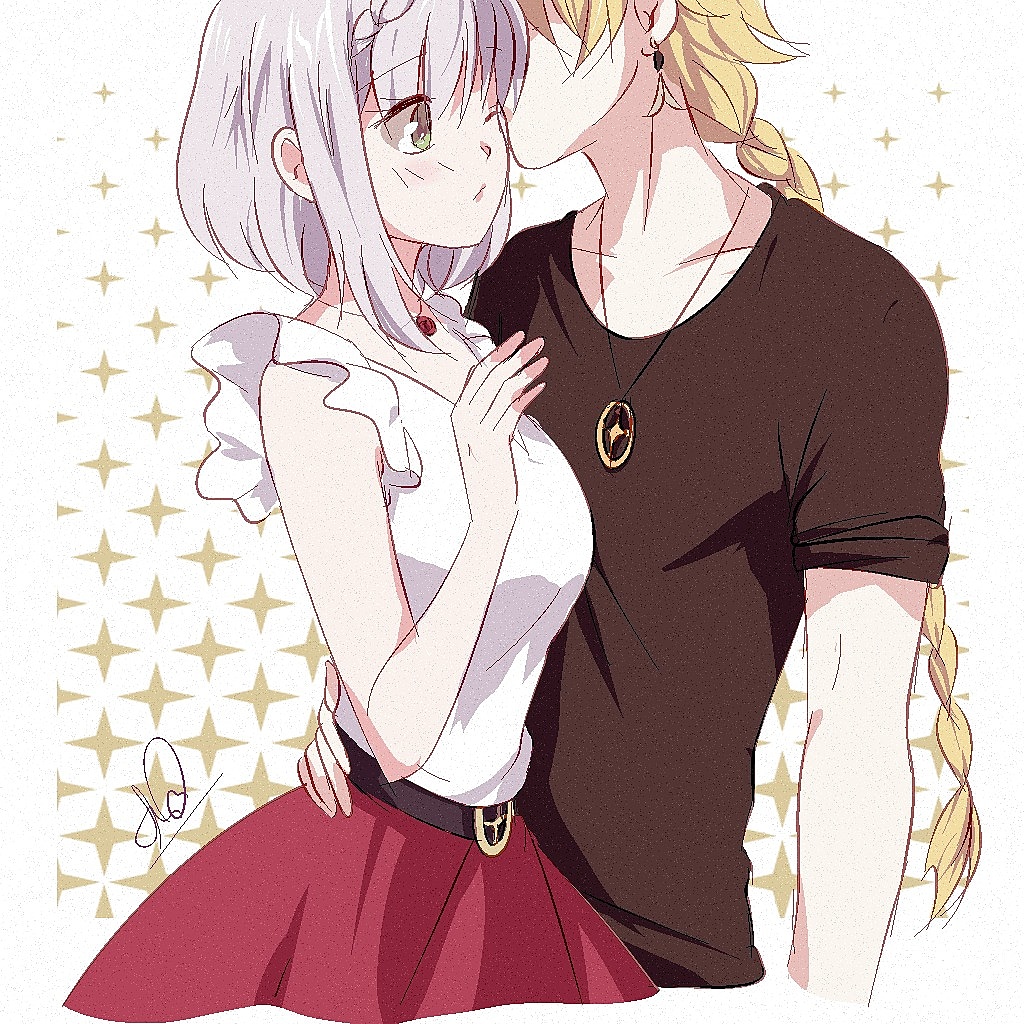 1boy 1girl aether_(genshin_impact) alternate_costume bangs belt black_belt black_shirt blonde_hair blush braid breasts casual closed_mouth collarbone commentary dress earrings english_commentary eyebrows_visible_through_hair faceless faceless_male frills genshin_impact gr_00x green_eyes hand_on_another's_hip height_difference hetero hug jewelry kiss kissing_cheek lips long_hair medium_breasts necklace noelle_(genshin_impact) one_eye_closed red_skirt shirt short_hair short_sleeves sidelocks signature silver_hair single_braid skirt sleeveless sleeveless_dress upper_body white_dress