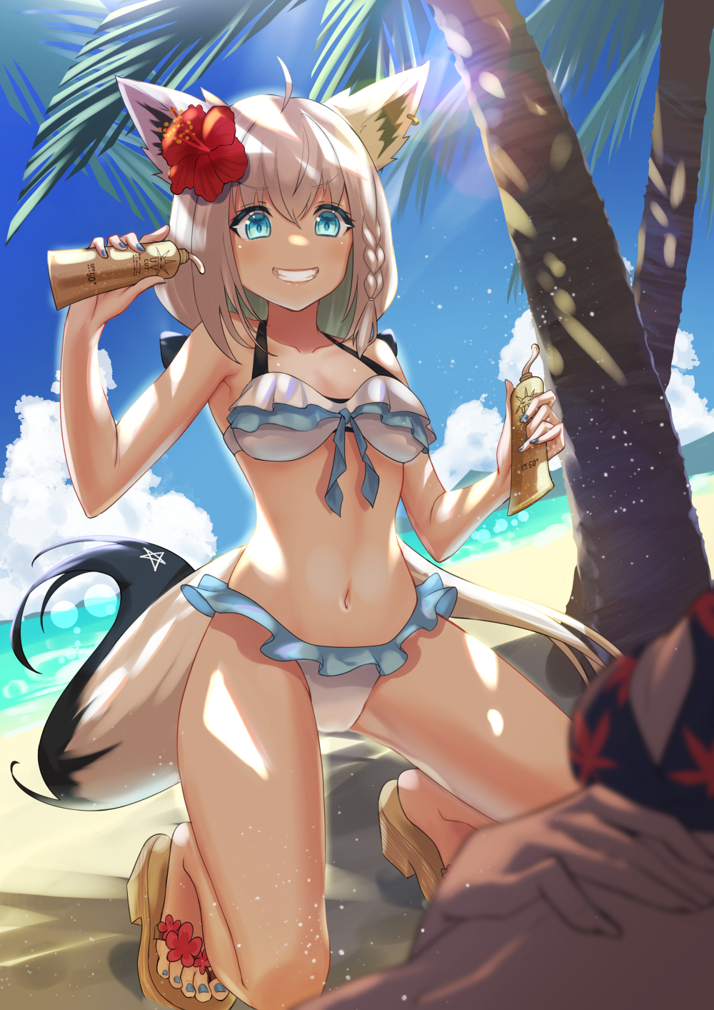 2girls ahoge animal_ears bangs beach bikini black_bikini black_bow blue_nails blurry blurry_foreground bob-the-bison bow braid breasts cleavage cloud cloudy_sky commentary_request day earrings eyebrows_visible_through_hair flower fox_ears fox_girl fox_tail frilled_bikini frills green_eyes grin hair_between_eyes hair_bow hair_flower hair_ornament hand_on_own_stomach highres holding hololive jewelry kneeling light_particles long_hair lotion medium_breasts multiple_girls navel ocean ookami_mio out_of_frame palm_tree pentagram sandals shirakami_fubuki sidelocks single_braid sky small_breasts smile sunscreen swimsuit tail tree virtual_youtuber white_bikini white_hair