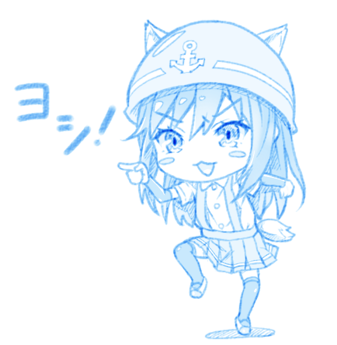 1girl animal_ears arm_warmers asashio_(kancolle) blue_theme blush_stickers buttons collared_shirt dog_ears dog_tail eyebrows_visible_through_hair full_body futaba_channel genba_neko gotou_hisashi hair_between_eyes hardhat helmet kantai_collection long_hair meme open_mouth pleated_skirt pointing pose shadow shirt short_sleeves simple_background skirt smile solo standing standing_on_one_leg suspender_skirt suspenders tail thighhighs white_background