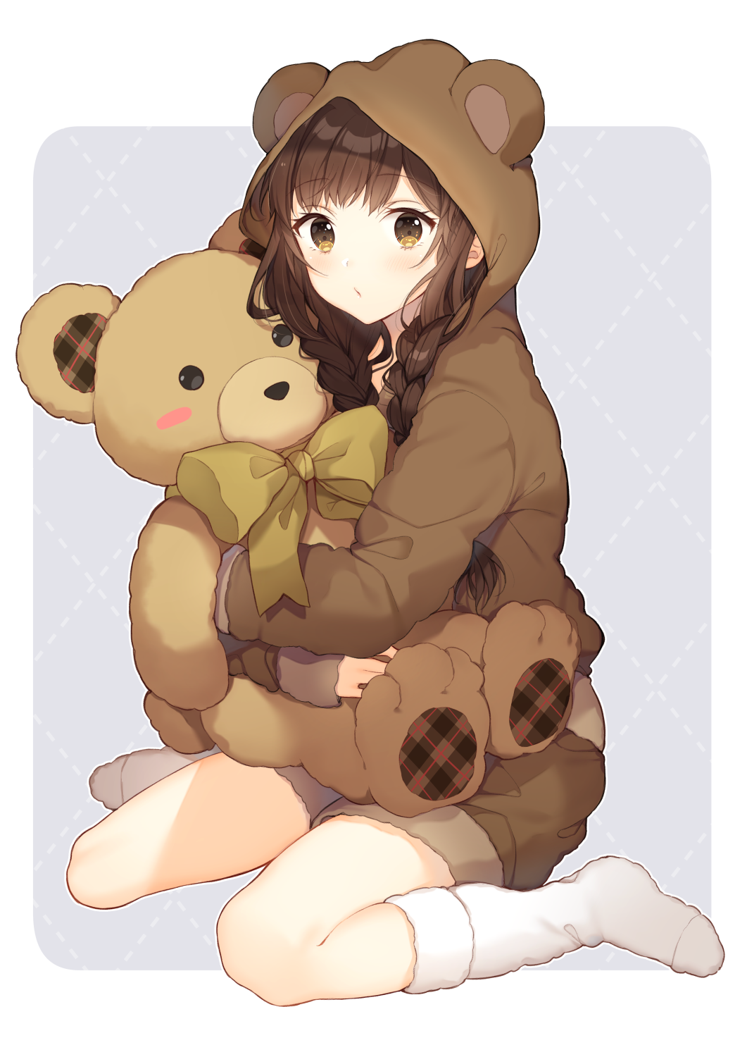 1girl animal_hood bangs blush border bow braid brown_eyes brown_hair brown_hoodie brown_shorts closed_mouth commentary_request eyebrows_visible_through_hair full_body highres hiiragi_souren hood hood_up hoodie long_hair long_sleeves looking_at_viewer no_shoes object_hug original outside_border purple_background shorts sidelocks sitting socks solo stuffed_animal stuffed_toy tareme teddy_bear twintails wariza white_border white_legwear yellow_bow