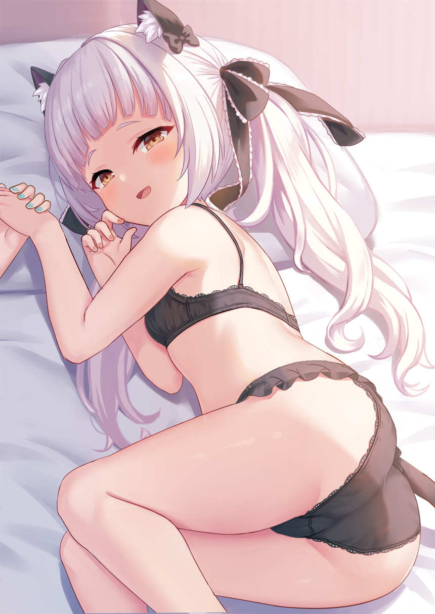 1girl animal_ears ass bangs bare_shoulders black_bra black_panties black_ribbon blunt_bangs blush bra breasts cat_ears cat_tail hair_ribbon highres holding_hands hololive long_hair looking_at_viewer lying murasaki_shion on_side open_mouth out_of_frame panties ribbon shimokirin sidelocks silver_hair small_breasts smile tail thighs twintails underwear virtual_youtuber yellow_eyes