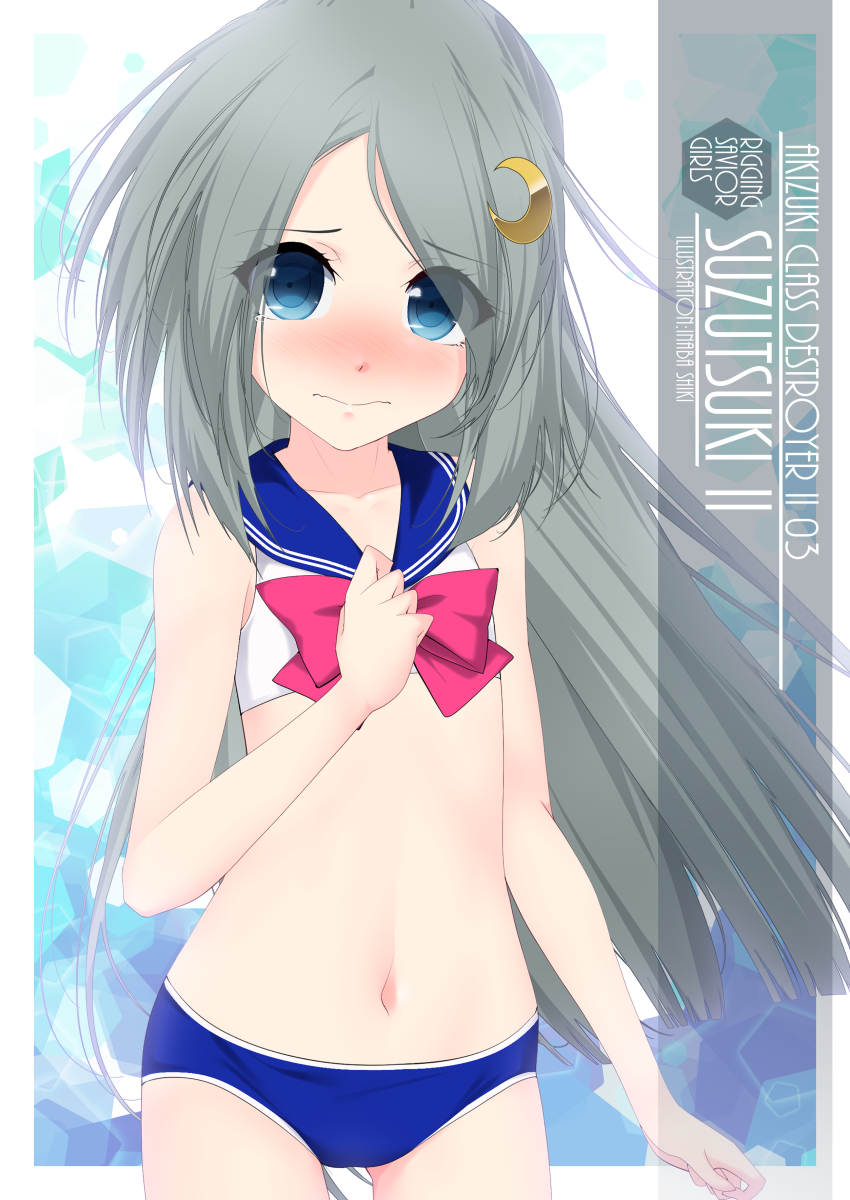 1girl artist_name bishoujo_senshi_sailor_moon blue_eyes blue_panties blue_sailor_collar bow bra character_name commentary_request cowboy_shot flat_chest grey_hair hand_on_own_chest highres inaba_shiki long_hair looking_at_viewer navel original panties red_bow sailor_collar sailor_moon_narikiri_bra_set sailor_senshi_uniform solo standing underwear