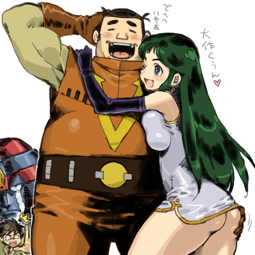 1girl 2boys ass ass_grab black_hair blue_eyes breasts china_dress chinese_clothes choudenji_robo_combattler_v dress elbow_gloves giant_robo ginrei_(giant_robo) gloves kusama_daisaku large_breasts long_hair multiple_boys open_mouth puchidori simple_background smile white_background