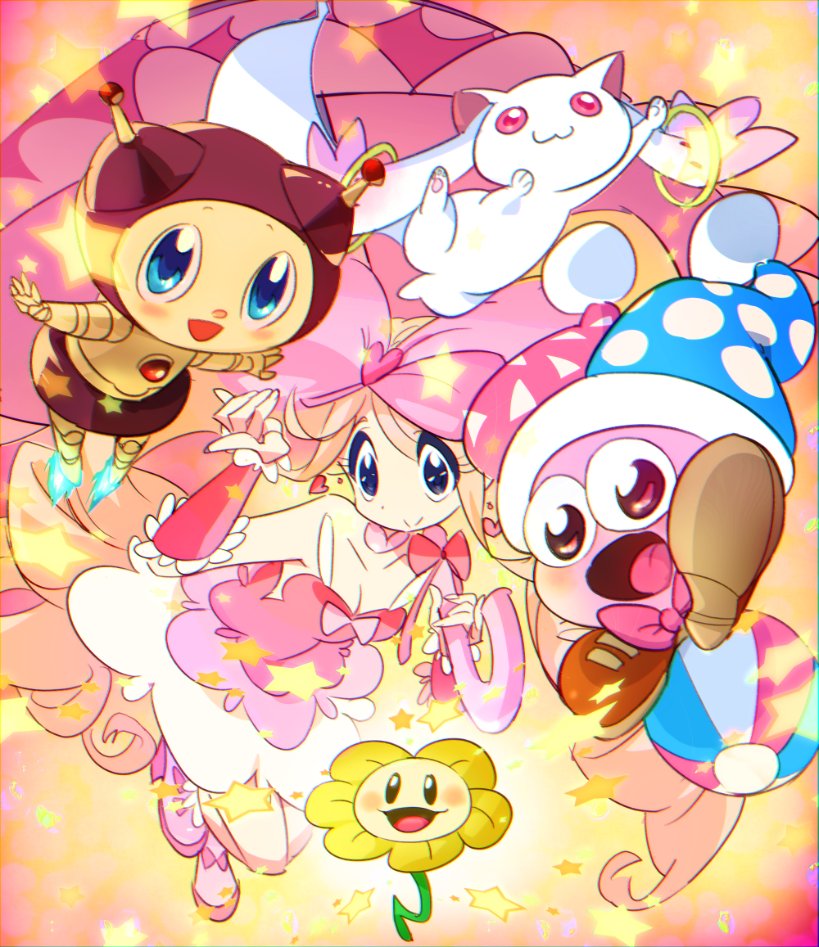 1girl :3 :d blonde_hair blush bow breasts cleavage closed_mouth crossover dress drill_hair flower flowey_(undertale) full_body gyosone hair_bow hamidento harime_nui hat holding holding_umbrella jester_cap kill_la_kill kirby_(series) kirby_super_star kyubey long_hair looking_at_viewer mahou_shoujo_madoka_magica marx multiple_crossover open_mouth parasol pink_bow pink_umbrella pyuu_to_fuku!_jaguar smile star_(symbol) strapless strapless_dress trait_connection twin_drills umbrella undertale