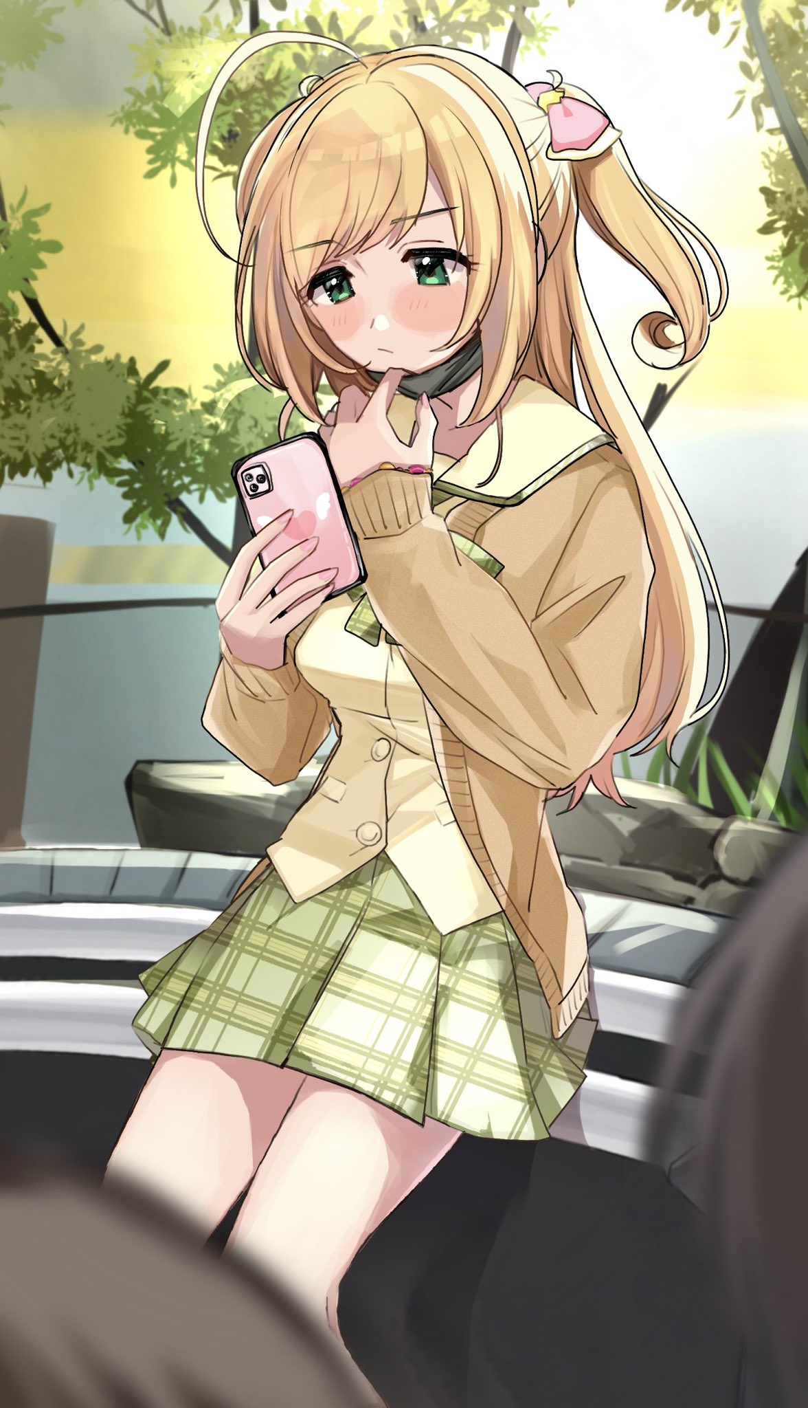 1girl ahoge bangs black_mask blurry blurry_background blush bored bow bracelet brown_cardigan cardigan cellphone expressionless eyebrows_visible_through_hair green_bow green_eyes green_skirt hair_bow half-closed_eyes heart highres holding holding_phone idolmaster idolmaster_cinderella_girls jewelry light_brown_hair long_hair looking_at_phone mask mask_pull miniskirt mouth_mask nail_polish outdoors phone pink_bow pink_nails plaid plaid_bow plaid_skirt plant pleated_skirt sailor_collar satou_shin school_uniform shirt sitting skirt smartphone solo_focus swept_bangs two_side_up winged_heart wings yellow_sailor_collar yellow_shirt yuzuhota0313