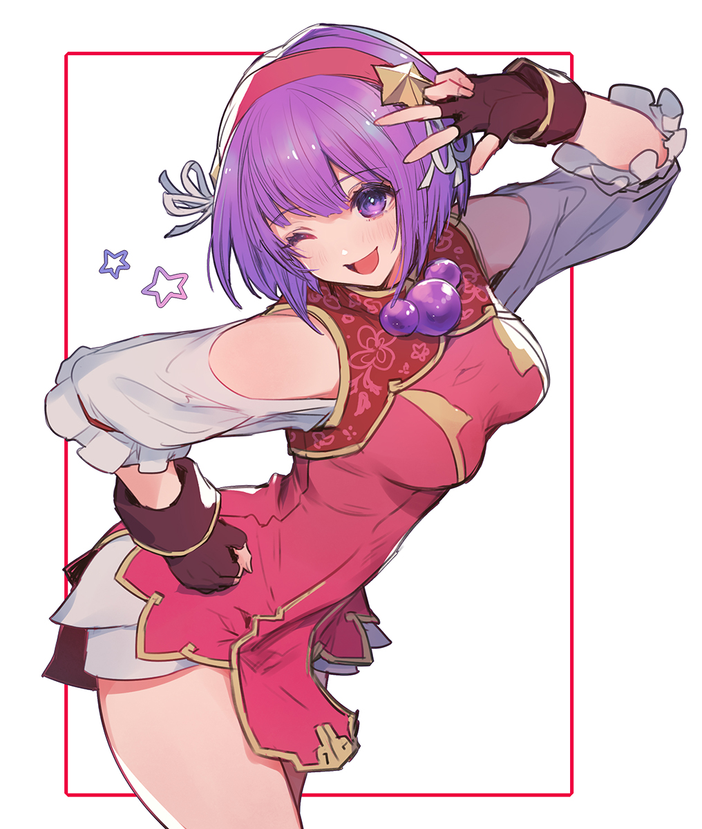 1girl asamiya_athena breasts china_dress chinese_clothes cowboy_shot dress eyebrows_visible_through_hair fingerless_gloves gloves hair_ribbon hairband hand_on_hip highres looking_at_viewer medium_breasts oro_(sumakaita) purple_eyes purple_hair red_dress ribbon short_hair short_shorts shorts simple_background smile the_king_of_fighters the_king_of_fighters_xv v