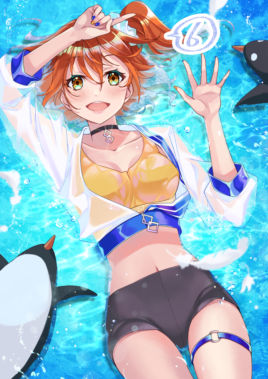 1girl :d ahoge arm_on_head arm_up bangs bike_shorts bird black_choker blue_nails blue_scrunchie blush breasts choker collarbone commentary_request cowboy_shot cropped_jacket eyebrows_visible_through_hair fate/grand_order fate_(series) fujimaru_ritsuka_(female) glint hair_between_eyes hair_ornament hair_scrunchie highres ichino_tomizuki index_finger_raised jacket long_hair looking_at_viewer lying medium_breasts midriff multicolored multicolored_nails navel o-ring on_back open_hand open_mouth orange_eyes orange_hair orange_nails partial_commentary partially_unzipped penguin scrunchie see-through side_ponytail sidelocks smile solo spoken_number sports_bra thigh_strap upper_teeth water_surface wet wet_clothes white_jacket yellow_sports_bra