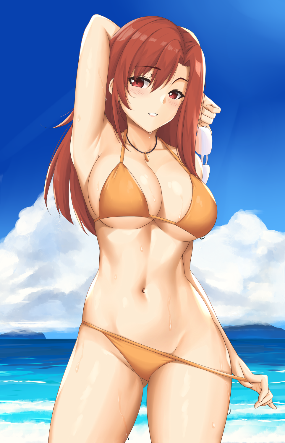 1girl aozaki_touko arciealbano armpits bangs bikini bikini_pull blue_sky breasts cleavage clothes_pull cloud cowboy_shot highres holding holding_eyewear jewelry kara_no_kyoukai large_breasts long_hair navel necklace ocean orange_bikini parted_bangs red_eyes red_hair sky solo swimsuit wet