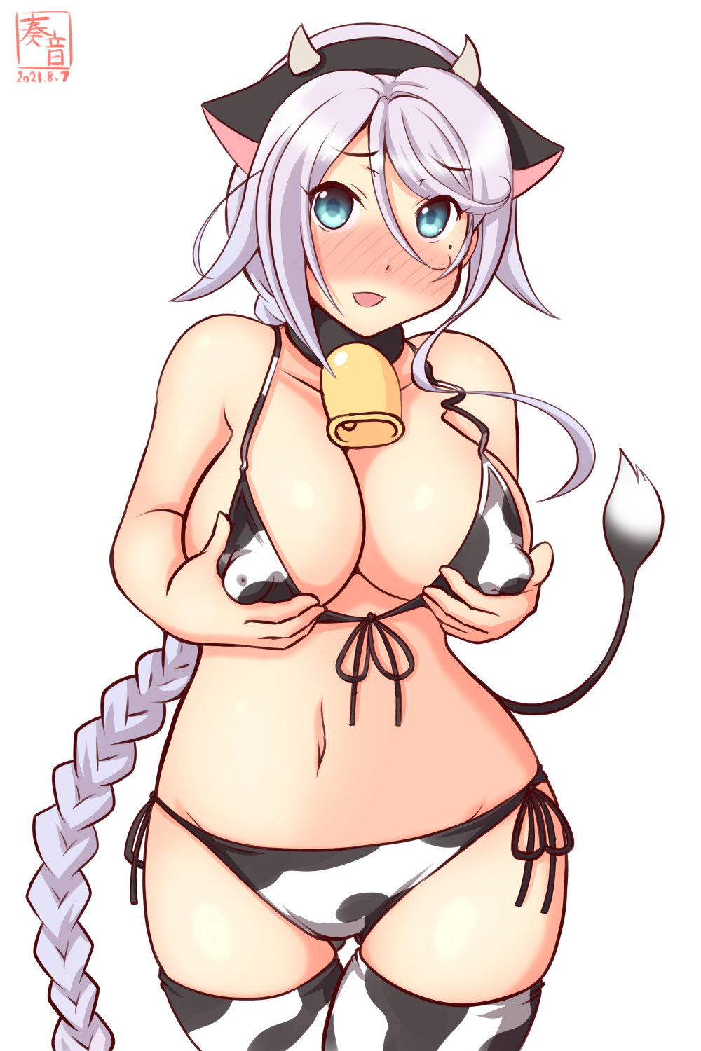 1girl alternate_costume animal_ears animal_print artist_logo bell bikini blue_eyes blush braid breasts cleavage collarbone cow_ears cow_horns cow_print cowbell dated eyebrows_visible_through_hair fake_horns hair_flaps highres horns kanon_(kurogane_knights) kantai_collection large_breasts long_hair looking_at_viewer mole mole_under_eye navel neck_bell one-hour_drawing_challenge open_mouth print_bikini print_legwear silver_hair simple_background single_braid smile solo swimsuit thighhighs umikaze_(kancolle) very_long_hair white_background