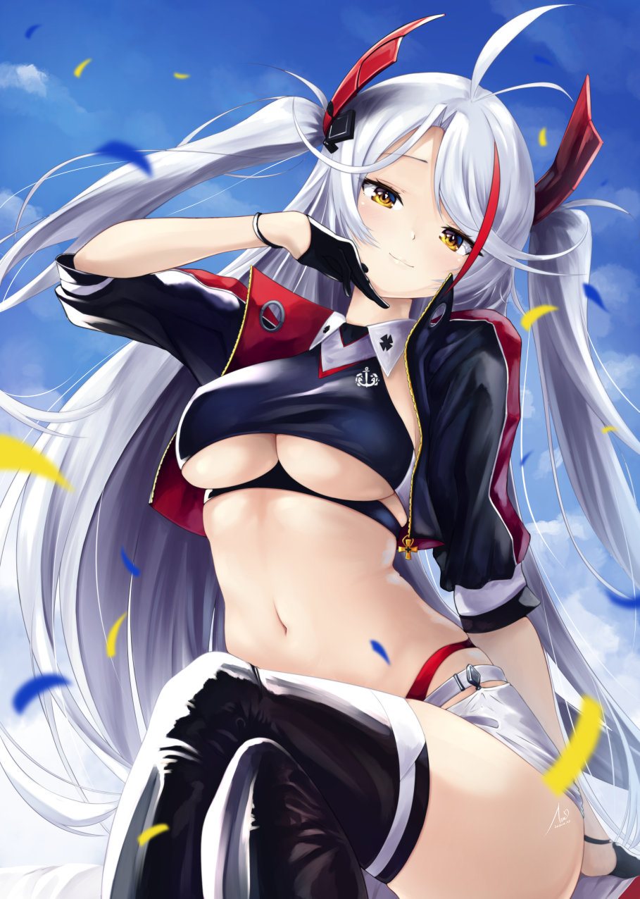 1girl azur_lane belt black_gloves black_legwear blue_sky breasts clothing_cutout confetti cropped_shirt crossed_legs gloves half_gloves headgear highres jacket long_hair looking_at_viewer mimelex multicolored_hair navel official_alternate_costume open_clothes open_jacket panties panty_straps prinz_eugen_(azur_lane) prinz_eugen_(final_lap)_(azur_lane) purple_jacket race_queen red_hair red_panties silver_hair sitting sky smile solo streaked_hair thighhighs two-tone_skirt underboob underboob_cutout underwear very_long_hair white_belt yellow_eyes zipper