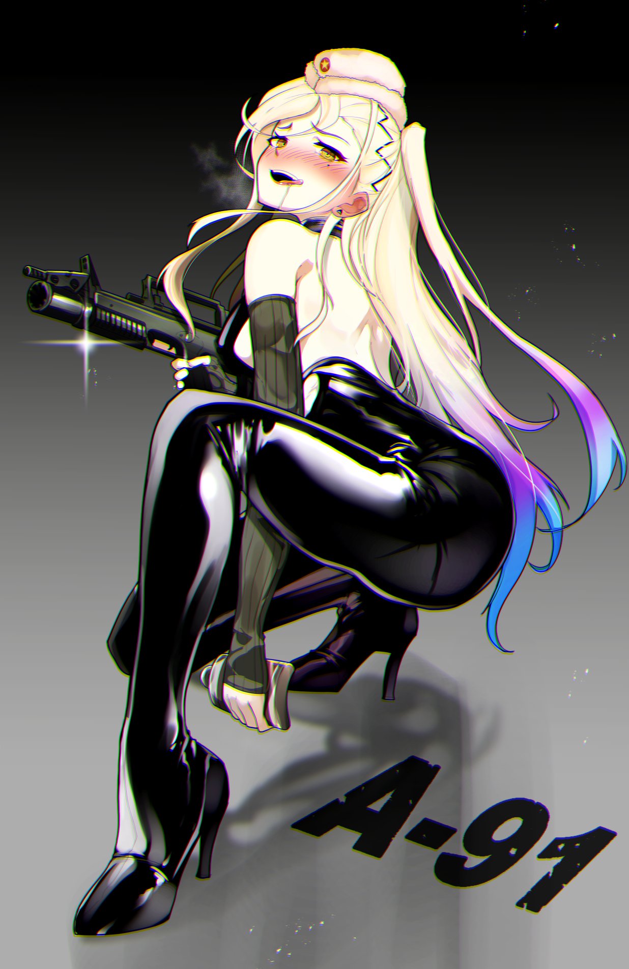 1girl a-91 a-91_(girls'_frontline) ass assault_rifle bare_shoulders black_bodysuit blonde_hair blue_hair blush bodysuit breasts character_name commentary drunk earrings elbow_gloves fingerless_gloves flask full_body girls'_frontline gloves grenade_launcher gun hat high_heels highres hip_flask holding holding_flask holding_gun holding_weapon jewelry kneeling large_breasts latex latex_bodysuit long_hair looking_at_viewer mole multicolored_hair open_mouth ponytail rifle ryuu_tou saliva smile solo tongue underbarrel_grenade_launcher weapon yellow_eyes