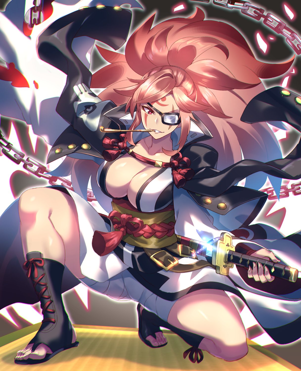 1girl amputee baiken bandages bangs belt black_coat black_footwear black_kimono breasts brown_belt chain cleavage coat coat_on_shoulders collarbone commentary cross-laced_footwear eyepatch facial_mark facial_tattoo full_body glint grin guilty_gear highres japanese_clothes katana kimono large_breasts long_hair looking_at_viewer mouth_hold obi one_eye_covered one_knee open_clothes open_coat outline parted_bangs pink_hair pipe pipe_in_mouth ponytail red_eyes rope samurai_spirits sandals sash scabbard scar scar_across_eye sheath smile solo squatting sword tassel tatami tattoo thighs toes tomoyohi tsurime two-tone_kimono unsheathing v-shaped_eyebrows weapon white_kimono wide_sleeves