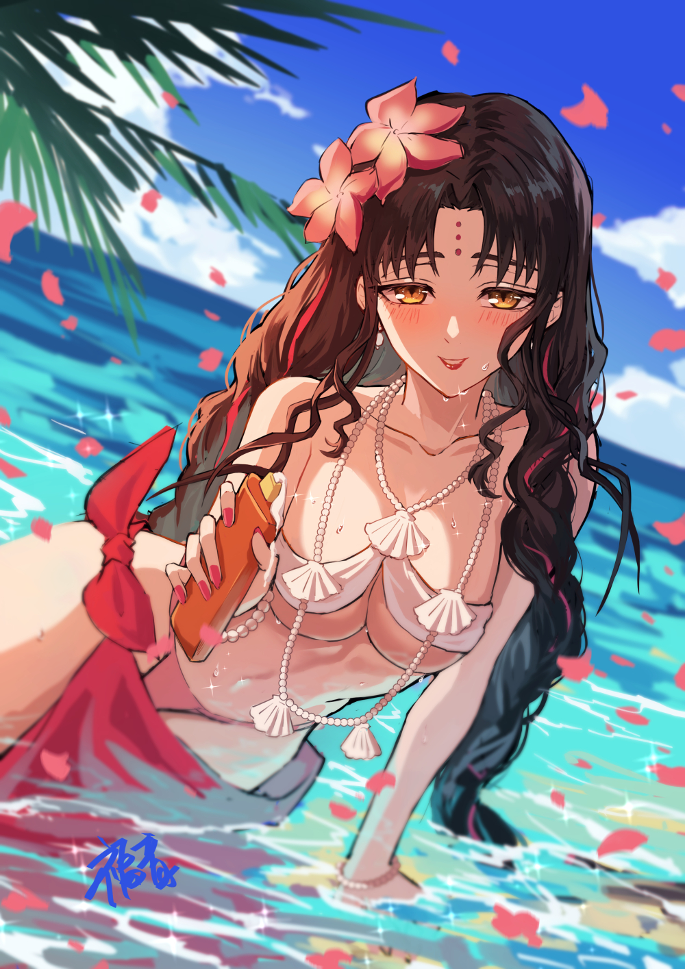1girl bangs bare_shoulders beach bikini black_hair blue_sky blush bracelet braid breasts chest_tattoo cleavage collarbone earrings facial_mark fate/grand_order fate_(series) flower forehead_mark gogatsu_fukuin hair_flower hair_ornament highres jewelry large_breasts long_hair looking_at_viewer lotion_bottle multicolored_hair navel necklace ocean palm_leaf parted_bangs partially_submerged pearl_bracelet pearl_necklace petals pink_hair sarong sesshouin_kiara sesshouin_kiara_(swimsuit_mooncancer)_(fate) shell_necklace shore sky smile solo streaked_hair swimsuit tattoo thighs twin_braids very_long_hair water wet white_bikini yellow_eyes