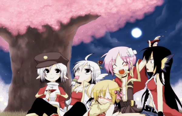 5girls ahoge animal_around_neck ark_kan bangs black_eyes black_hair black_headwear black_pants blonde_hair blue_wings blush breasts brown_dress cape champion_(ragnarok_online) cherry_blossoms closed_mouth cloud coat commentary_request creator_(ragnarok_online) cross crossed_bandaids cup dango dress drunk eating eyebrows_visible_through_hair feet_out_of_frame flat_chest food fox full_moon fur-trimmed_jacket fur_trim hair_between_eyes hanami hat head_wings high_priest_(ragnarok_online) holding jacket juliet_sleeves long_hair long_sleeves looking_at_another looking_up medium_breasts moon multicolored multicolored_wings multiple_girls night night_sky open_clothes open_coat open_jacket open_mouth orange_wings pants pink_hair pointy_ears professor_(ragnarok_online) puffy_sleeves ragnarok_online red_cape red_dress red_jacket rogue_(ragnarok_online) sakazuki sash short_dress short_hair short_shorts shorts sky sleeveless sleeveless_dress small_breasts smile tree two-tone_dress wagashi white_coat white_dress white_hair white_sash white_wings wings