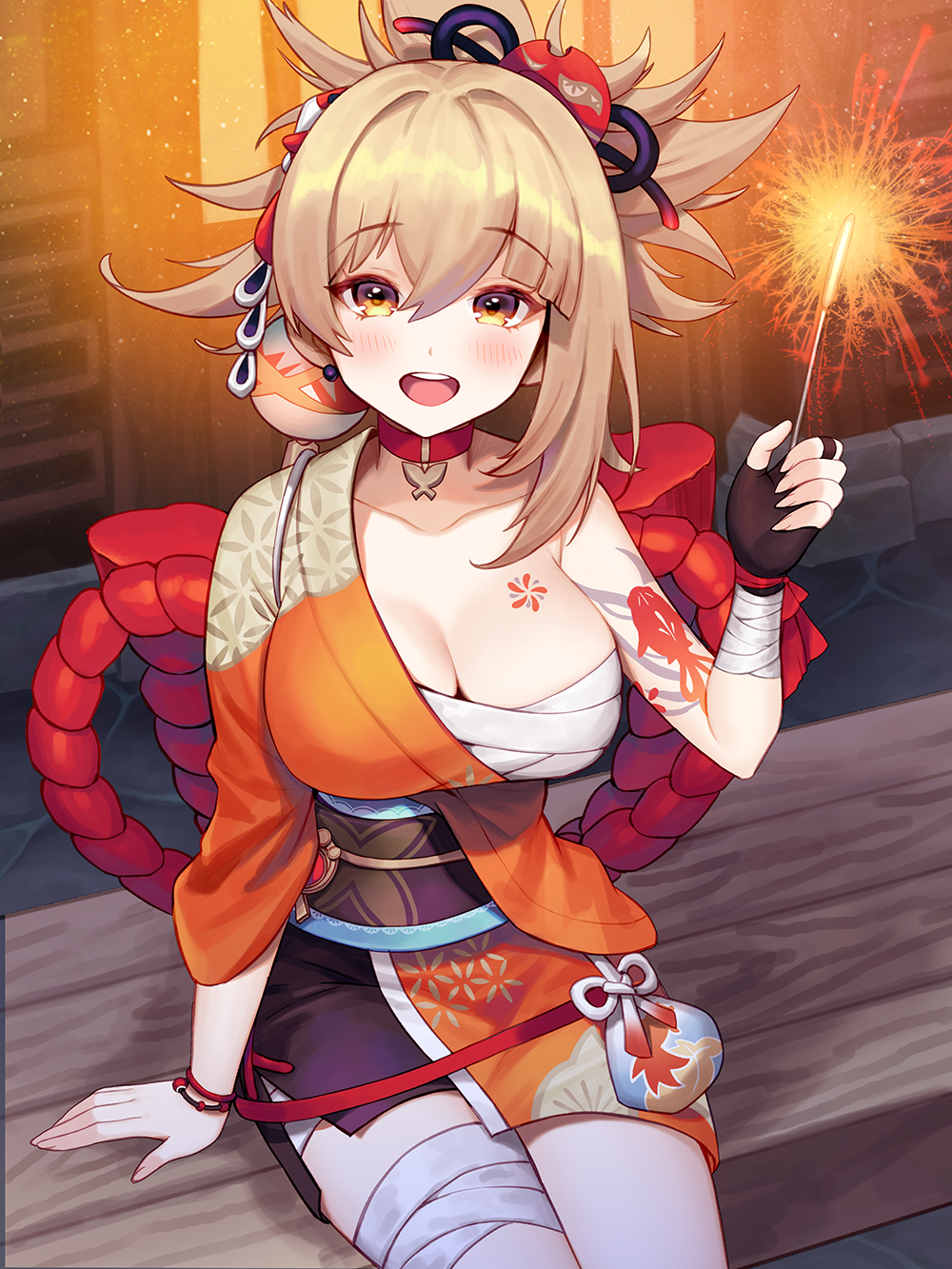 1girl :d bandaged_arm bandaged_leg bandages bangs bench blush bracelet breasts choker cleavage collarbone commentary_request depth_charge eyebrows_visible_through_hair genshin_impact hair_between_eyes hair_ornament highres holding_sparkler japanese_clothes jewelry kyundoo light_brown_hair long_hair looking_at_viewer obi open_mouth orange_eyes park_bench pouch rope sarashi sash shimenawa sidelocks sitting smile solo tattoo vision_(genshin_impact) wide_sleeves yoimiya_(genshin_impact)