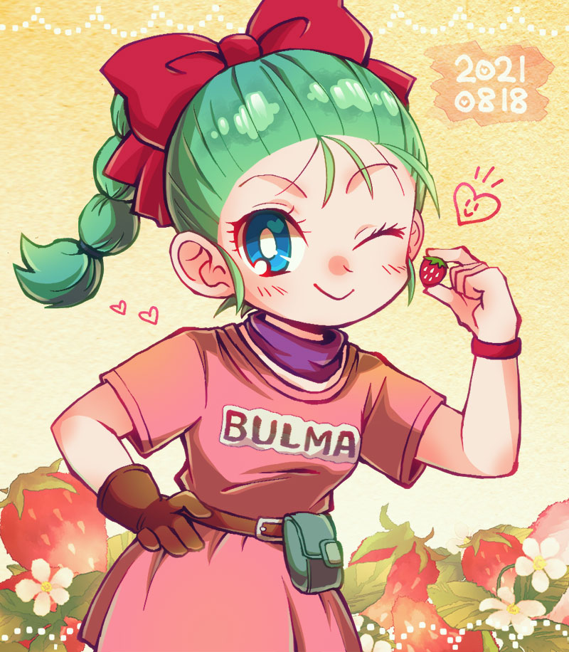 +++ 1girl 2021 belt big_eyes blue_eyes border braid braided_ponytail breasts brown_belt brown_gloves bulma character_name closed_mouth clothes_writing dated dragon_ball dragon_ball_(classic) dress eyelashes fanny_pack flower food food-themed_background fruit gloves green_hair hair_ribbon hair_strand hair_tie hand_on_hip heart heart_in_eye holding holding_food holding_fruit leaning_to_the_side light_blush looking_at_viewer one_eye_closed orange_background pink_dress polka_dot polka_dot_border purple_neckwear purple_scarf red_ribbon ribbon scarf shiny shiny_hair short_dress short_sleeves simple_background single_glove small_breasts smile smiley_face solo strawberry strawberry_background symbol_in_eye upper_body vespa_(kaiten69) white_flower