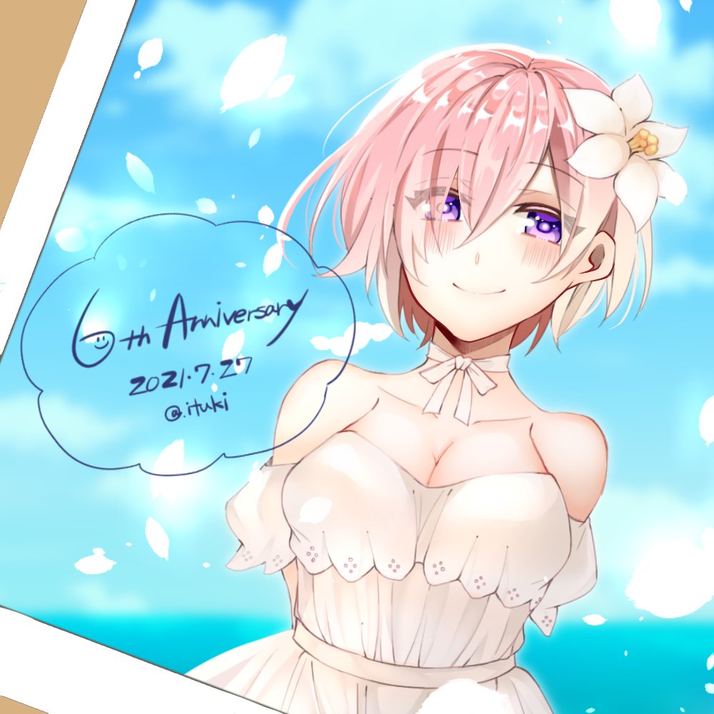 1girl 2021 alternate_costume anniversary arms_behind_back bangs bare_shoulders blue_sky blush breasts choker cleavage closed_mouth cloud collarbone commentary_request dated day dress eyebrows_visible_through_hair eyes_visible_through_hair fate/grand_order fate_(series) flower formal hair_flower hair_ornament heroic_spirit_formal_dress ki_(ituki_0903) looking_at_viewer mash_kyrielight medium_breasts official_alternate_costume photo_(object) pink_hair purple_eyes short_hair sky sleeveless sleeveless_dress smile solo strapless strapless_dress twitter_username upper_body white_choker white_dress white_flower
