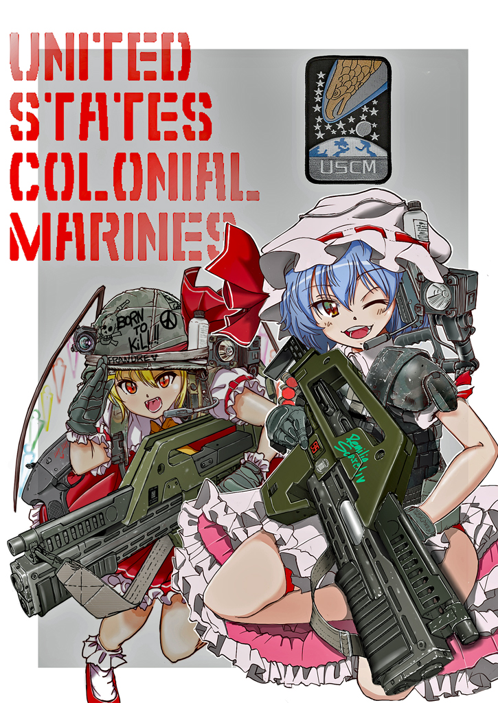 2girls aliens armor backpack bag bangs blonde_hair bobby_socks camera character_name colonial_marine crystal english_text fangs flandre_scarlet flashlight frilled_skirt frilled_sleeves frills frown full_metal_jacket gloves green_gloves grey_headwear gun hat headset heart helmet holding holding_gun holding_weapon leg_up looking_at_viewer m41a_pulse_rifle mary_janes medium_skirt mob_cap multiple_girls nakamura_3sou neck_ribbon open_mouth peace_symbol puffy_short_sleeves puffy_sleeves red_eyes red_footwear red_shirt red_skirt remilia_scarlet ribbon salute scarlet_devil_mansion shirt shoes short_hair short_sleeves shotgun single_horizontal_stripe skirt skirt_set skull_and_crossbones socks standing standing_on_one_leg tally touhou trigger_discipline united_states_marine_corps weapon weapon_on_back white_legwear wings yellow_neckwear