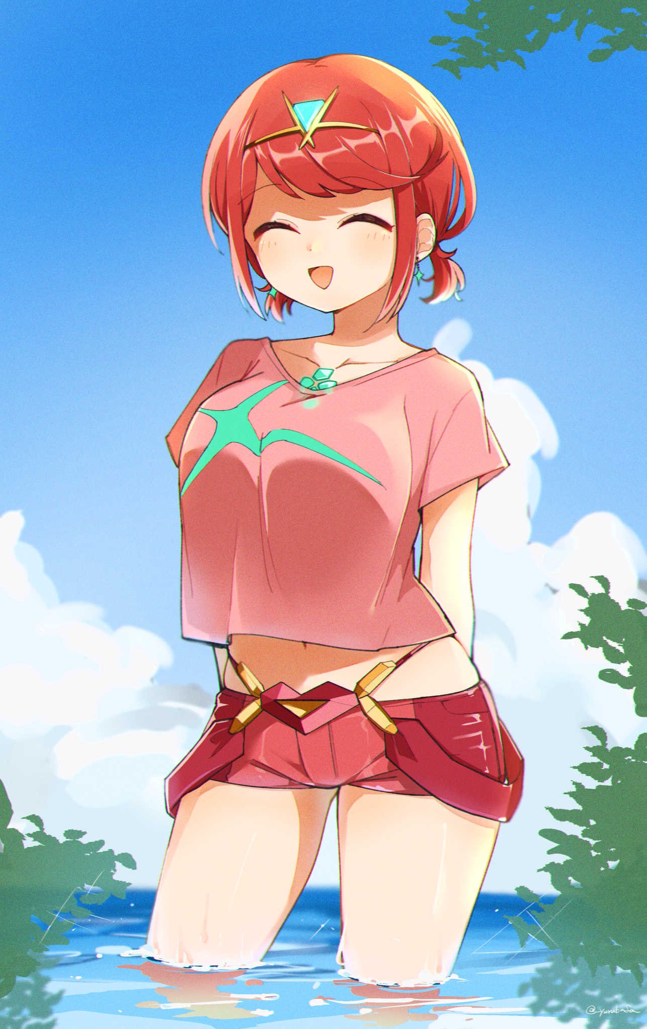 1girl :d arms_behind_back bafarin bangs blue_sky closed_eyes cloud cloudy_sky earrings hair_between_eyes highres jewelry leaf ocean open_mouth outdoors pink_shirt pyra_(xenoblade) red_hair red_shorts shirt short_hair short_sleeves short_twintails shorts sky smile solo summer tiara twintails wading xenoblade_chronicles_(series) xenoblade_chronicles_2