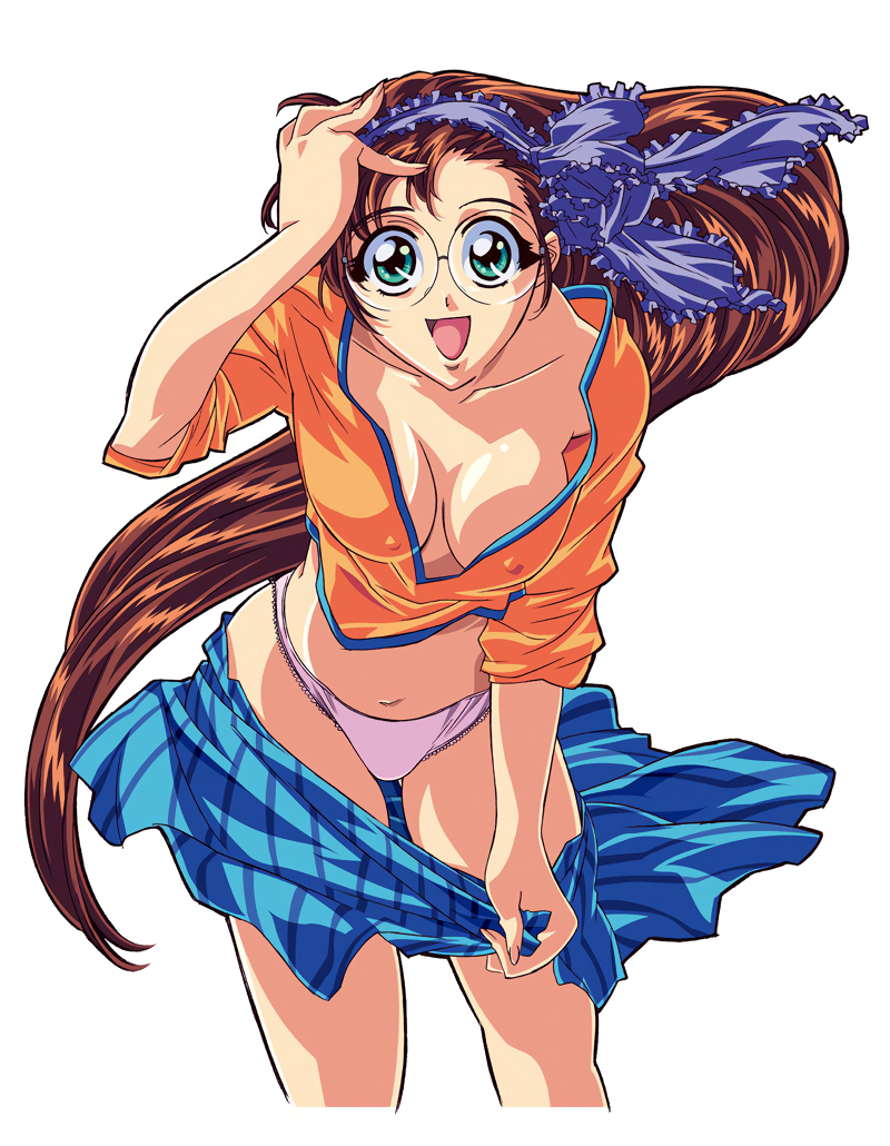 1990s_(style) 1girl asymmetrical_bangs bangs blue_skirt breasts brown_hair cleavage clothes_pull covered_nipples gotou_keiji hairband hand_on_own_head large_breasts long_hair looking_at_viewer navel open_mouth original panties photoshop_(medium) pink_panties retro_artstyle rimless_eyewear round_eyewear simple_background skirt skirt_pull sleeves_past_elbows solo striped striped_skirt underwear very_long_hair white_background