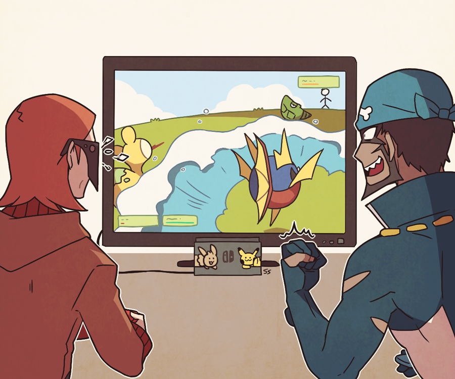 2boys :d archie_(pokemon) blue_bodysuit bodysuit brown_hair carvanha character_print clenched_hand coat commentary controller dark-skinned_male dark_skin eevee gen_1_pokemon gen_3_pokemon glasses holding holding_controller indoors long_sleeves male_focus maxie_(pokemon) metapod multicolored multicolored_bodysuit multicolored_clothes multiple_boys nintendo_switch numel open_mouth pikachu pokemon pokemon_(game) pokemon_oras sharp_teeth smile ssalbulre team_magma teeth television tongue torn_bodysuit torn_clothes wetsuit white_bodysuit