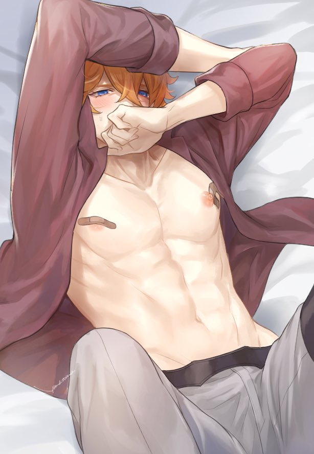 1boy abs arms_up bandaid bandaids_on_nipples bangs bed_sheet blue_eyes blush bulge covering_mouth genshin_impact grey_pants hair_between_eyes hand_over_own_mouth long_hair lying male_focus nipples on_back open_clothes open_shirt orange_hair pants pasties pectorals red_shirt shirt signature solo tartaglia_(genshin_impact) toned toned_male upper_body yamatoma