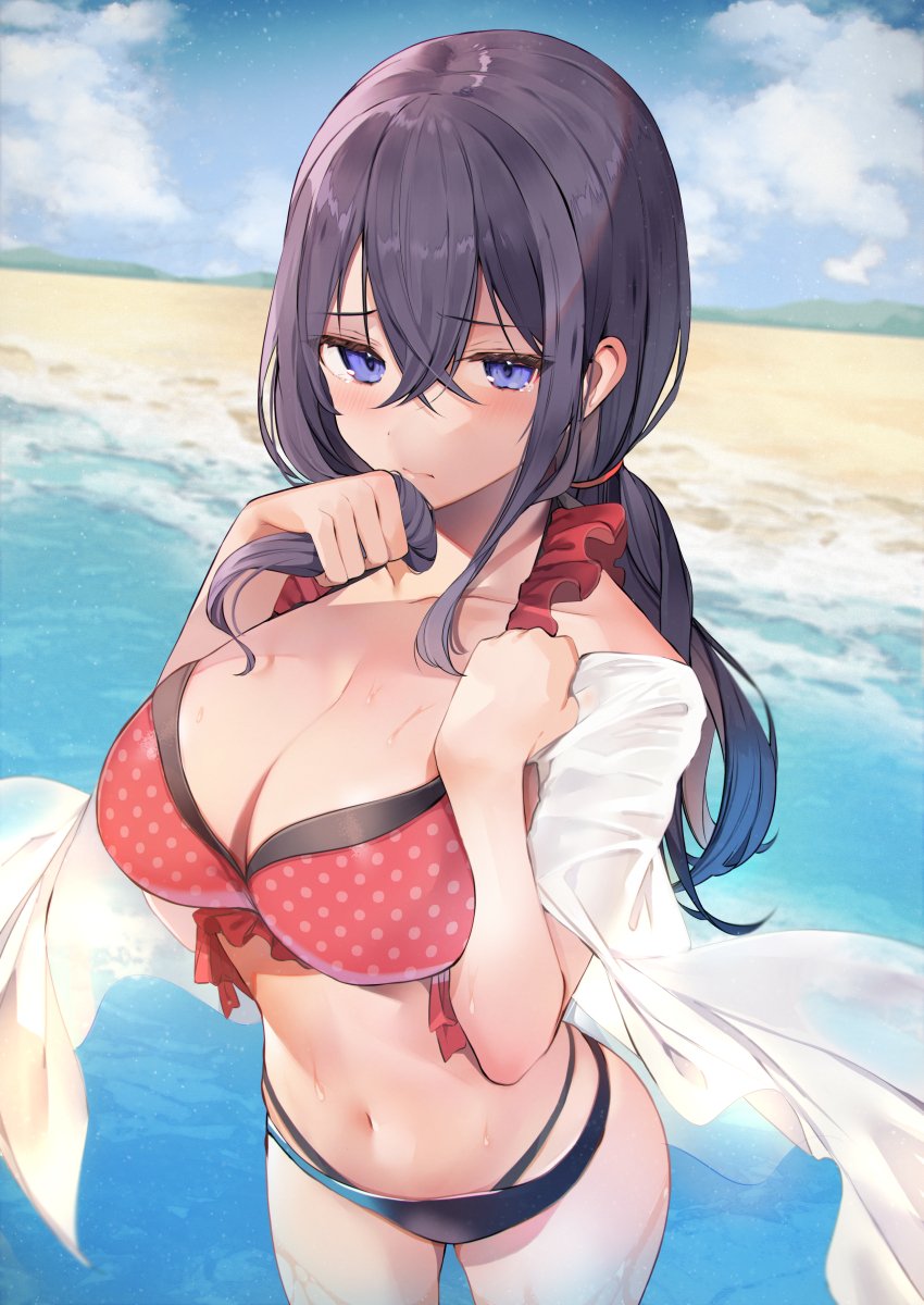 1girl bangs banned_artist beach bikini black_bikini black_hair blush breasts cleavage closed_mouth cloud collarbone commentary cowboy_shot crossed_bangs day eyebrows_visible_through_hair frilled_bikini frills frown hair_between_eyes halterneck hands_up highres holding holding_hair large_breasts long_hair looking_at_viewer low_twintails mismatched_bikini multi-strapped_bikini navel original outdoors polka_dot polka_dot_bikini purple_eyes purple_hair red_bikini see-through sidelocks sky solo stomach swimsuit tears tetsubuta twintails water wet