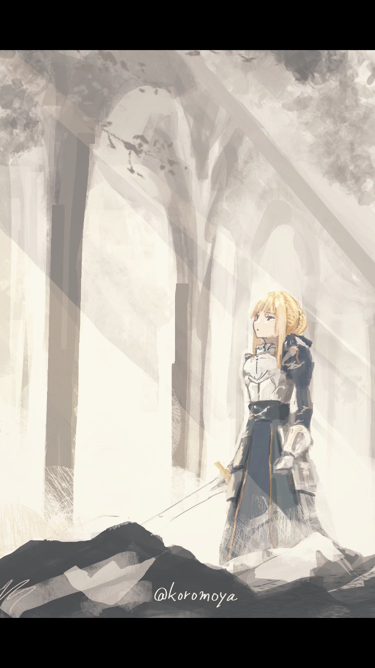 1girl armor armored_dress artist_name artoria_pendragon_(fate) blonde_hair braid breastplate excalibur_(fate/stay_night) fate/stay_night fate_(series) french_braid from_side gauntlets highres juliet_sleeves koromoya_kai letterboxed light_rays long_sleeves puffy_sleeves saber solo