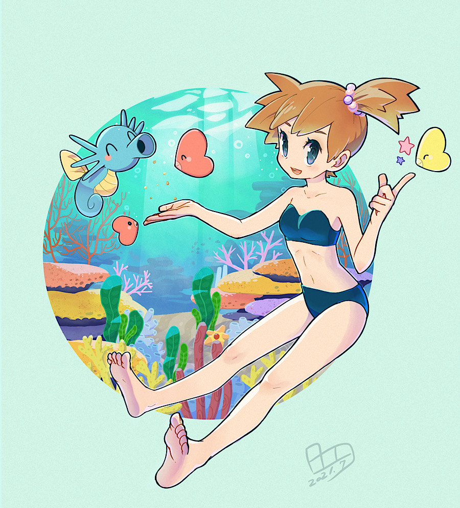 1girl air_bubble alternate_color bangs bare_arms barefoot blush bo9_(bo9_nc) bubble collarbone dated eyelashes feet full_body gen_1_pokemon gen_3_pokemon horsea index_finger_raised knees light_beam luvdisc misty_(pokemon) navel one_side_up open_mouth orange_hair pokemon pokemon_(creature) pokemon_(game) pokemon_rgby shiny_pokemon smile soles star_(symbol) swimsuit symbol-only_commentary tied_hair toes underwater