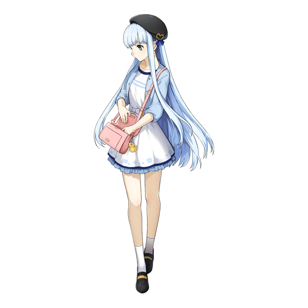 1girl aoki_hagane_no_arpeggio artist_request bag beret black_headwear blue_jacket dress frilled_dress frills green_eyes hat hime_cut iona jacket long_hair looking_down non-web_source official_art sidelocks silver_hair solo transparent_background white_dress