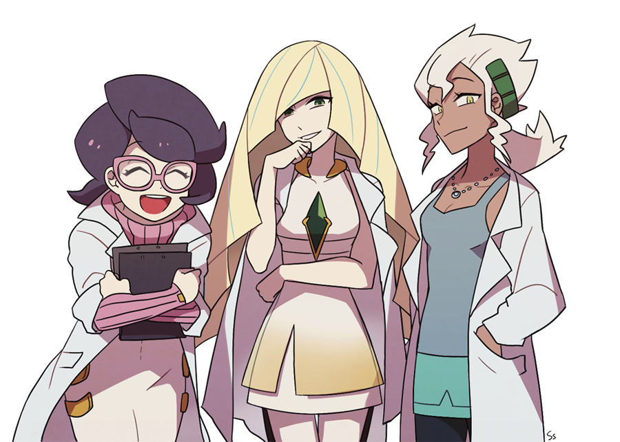 3girls :d big_hair blonde_hair burnet_(pokemon) closed_eyes commentary diamond_(shape) dress emerald_(gemstone) eyelashes glasses green_eyes hand_up holding jewelry labcoat leggings long_sleeves looking_at_viewer lusamine_(pokemon) multiple_girls necklace open_mouth parted_lips pink-framed_eyewear pokemon pokemon_(game) pokemon_sm purple_hair ribbed_sweater shirt short_dress sidelocks simple_background sleeveless sleeveless_dress sleeveless_shirt smile ssalbulre sweater tongue turtleneck turtleneck_sweater upper_teeth white_background white_dress white_hair white_legwear wicke_(pokemon)