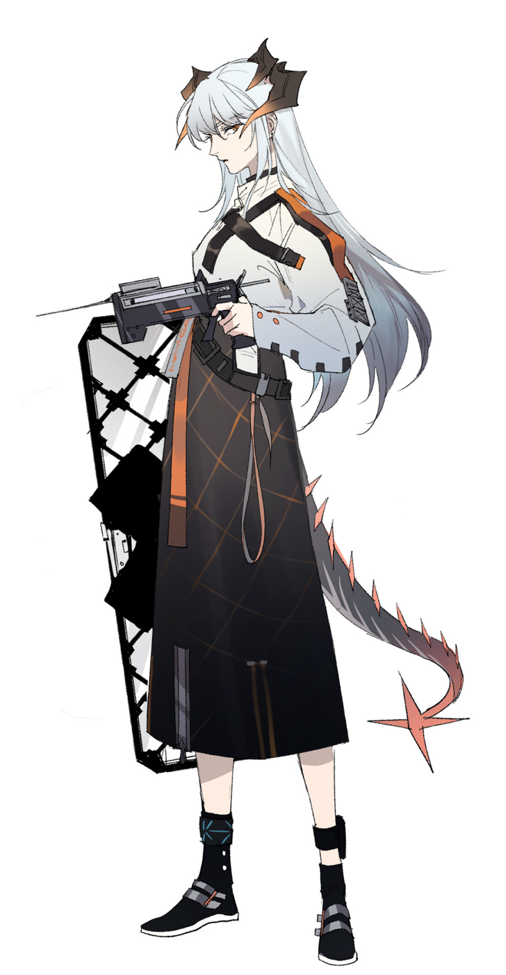 1girl anklet arknights bangs belt black_footwear black_skirt boots chinese_commentary commentary_request dragon_horns dragon_tail eyebrows_visible_through_hair full_body high-waist_skirt highres holding holding_shield holding_weapon horns infection_monitor_(arknights) jewelry long_hair long_sleeves looking_at_viewer orange_eyes profile saria_(arknights) shield shirt sideways_glance silver_hair simple_background skirt solo standing syringe_gun tail weapon white_background white_shirt xiandao1213