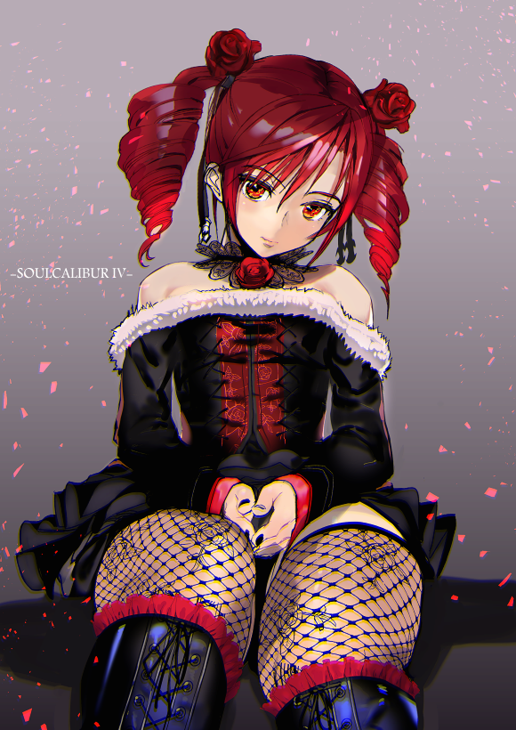 1girl amy_sorel ashiomi_masato choker closed_mouth dress drill_hair fishnet_legwear fishnets flower fur_trim gothic_lolita lolita_fashion looking_at_viewer medium_hair nail_polish red_eyes red_hair rose smile solo soulcalibur soulcalibur_iv twintails