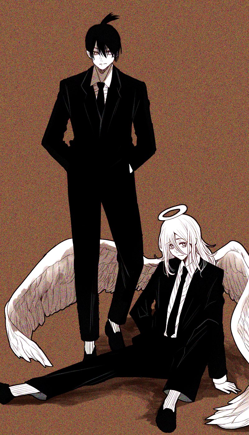 2boys angel angel_devil_(chainsaw_man) angel_wings brown_background business_suit chainsaw_man closed_mouth film_grain formal hair_between_eyes halo hands_in_pockets hayakawa_aki_(chainsaw_man) highres hoshi_san_3 jacket long_sleeves looking_at_viewer multiple_boys necktie pants shoes sitting socks spread_wings suit topknot tuxedo wings