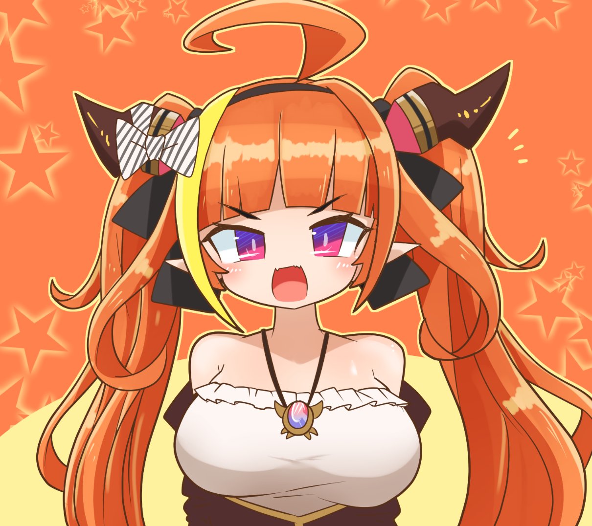 1girl ahoge asimo953 bandeau bangs blonde_hair blunt_bangs bow breasts commentary_request diagonal-striped_bow dragon_girl dragon_horns fangs hololive horn_bow horn_ornament horns jewelry kiryu_coco large_breasts long_hair multicolored_hair necklace orange_hair pendant pointy_ears purple_eyes skin_fangs solo starry_background streaked_hair twintails two-tone_hair virtual_youtuber