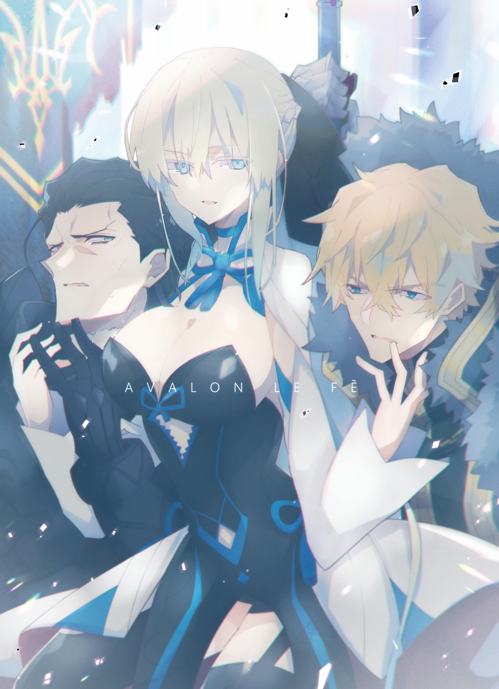 1girl 2boys agravain_(fate) armor bangs black_armor black_hair blonde_hair blue_choker blue_eyes bow braid breasts brothers choker cleavage cloak commentary_request dress english_text eyebrows_visible_through_hair fate/grand_order fate_(series) fur_trim gawain_(fate) hair_between_eyes hair_bow highres large_breasts long_hair morgan_le_fay_(fate) mother_and_son multiple_boys nogi_(acclima) open_mouth ponytail short_hair siblings silver_hair
