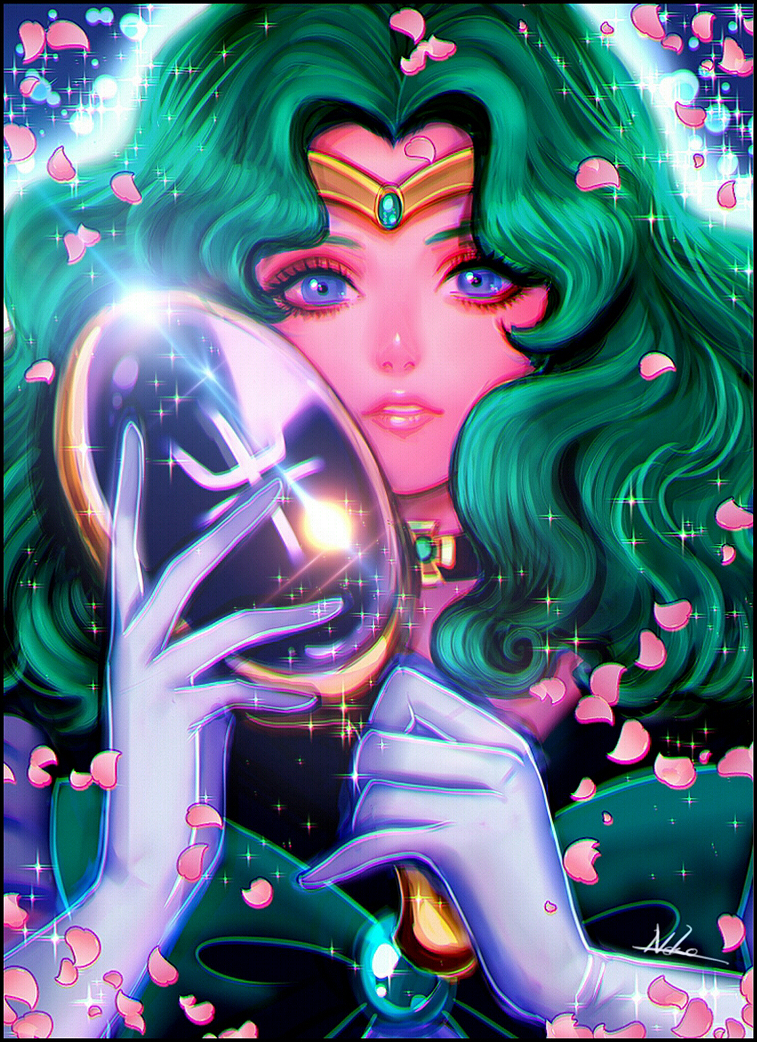 1girl bishoujo_senshi_sailor_moon blue_eyes bow choker deep_aqua_mirror gloves green_bow green_hair holding holding_mirror kaiou_michiru lips long_hair looking_at_viewer magical_girl mirror neptune_symbol nyamunekonabe open_mouth parted_lips petals sailor_neptune signature solo sparkle upper_body wavy_hair white_gloves