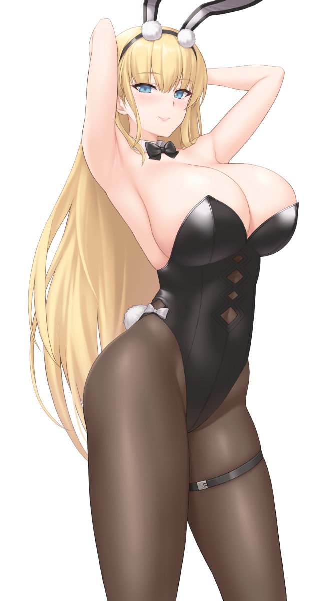 1girl animal_ears armpits arms_behind_head arms_up azur_lane bangs bare_shoulders black_leotard blonde_hair blue_eyes blush breasts cleavage commentary covered_navel detached_collar fake_animal_ears highleg highleg_leotard highres large_breasts leotard long_hair looking_at_viewer north_carolina_(azur_lane) north_carolina_(the_heart's_desire)_(azur_lane) official_alternate_costume pantyhose playboy_bunny rabbit_ears rabbit_tail sama_samasa smile solo strapless strapless_leotard tail thighs