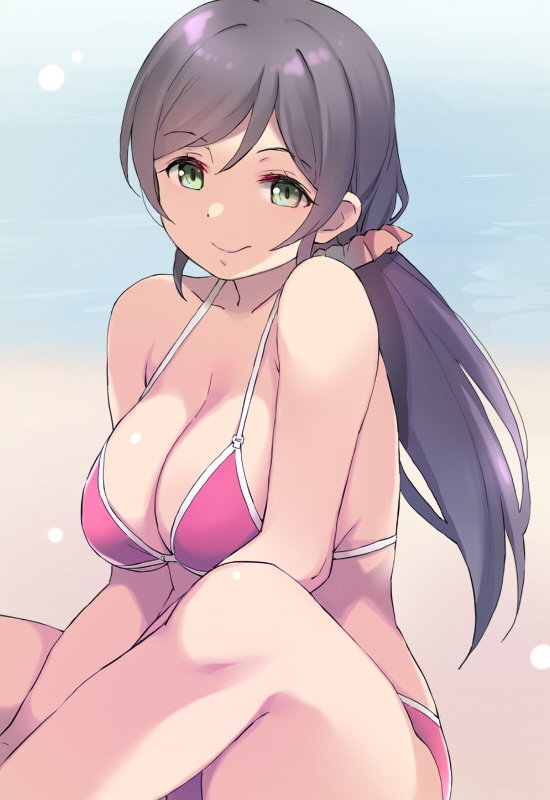 1girl beach bikini breasts closed_mouth deyuuku eyebrows_visible_through_hair green_eyes hair_ornament hair_scrunchie large_breasts long_hair looking_at_viewer love_live! love_live!_school_idol_project low_twintails ocean purple_hair red_bikini scrunchie sitting smile solo swimsuit toujou_nozomi twintails