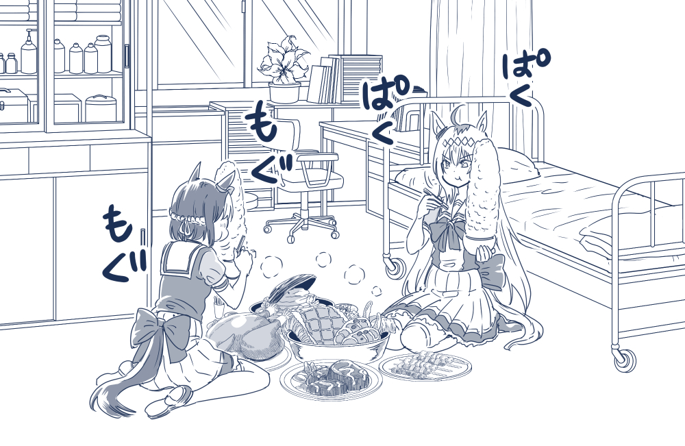 2girls animal_ears bed beef blue_theme bow bowtie braid cabinet commentary_request ear_bow ear_ornament eating food french_braid frilled_skirt frills hairband horse_ears horse_girl horse_tail horseshoe_ornament infirmary kenji_t1710 loafers long_hair mg_mg miniskirt monochrome multicolored_hair multiple_girls oguri_cap_(umamusume) pleated_skirt puffy_short_sleeves puffy_sleeves sailor_collar sailor_shirt school_uniform shirt shoes short_hair short_sleeves sitting skirt special_week_(umamusume) steak steam tail tail_through_clothes thighhighs too_much_food tracen_school_uniform turkey_(food) two-tone_hair umamusume wariza yakitori