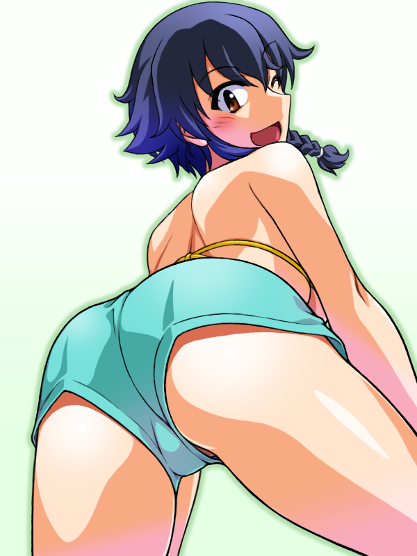 1girl ass bikini bikini_shorts black_hair blue_shorts blush braid brown_eyes from_below girls_und_panzer gradient gradient_background green_background looking_at_viewer looking_back oosaka_kanagawa open_mouth pepperoni_(girls_und_panzer) shiny shiny_hair short_hair shorts simple_background smile solo swimsuit white_background yellow_bikini