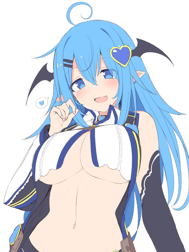 1girl :d ahoge black_choker black_coat blue_eyes blue_hair breasts choker cleavage coat collared_shirt crop_top demon_girl detached_sleeves hair_ornament hairclip hand_up head_wings heart heart_choker heart_hair_ornament large_breasts long_hair long_sleeves looking_at_viewer midriff navel open_clothes open_coat open_mouth original pointy_ears revealing_clothes shirt sleeveless sleeveless_shirt smile snow_(gi66gotyo) solo spoken_heart stomach underboob upper_body white_shirt wide_sleeves
