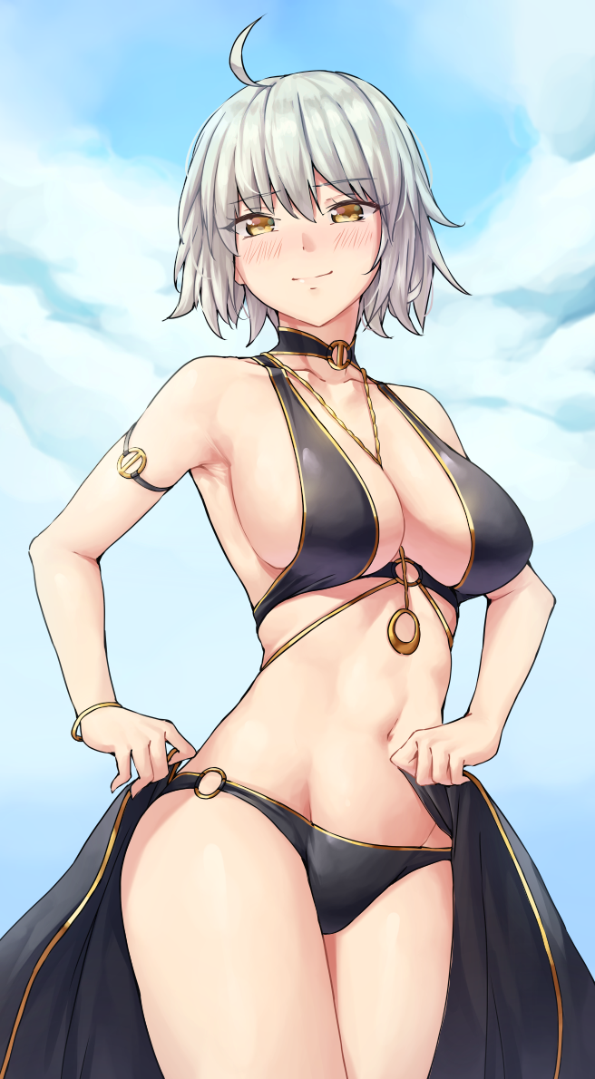 1girl ahoge armband armpits bangs bikini black_bikini blush bracelet breasts chain cleavage cloud cloudy_sky cowboy_shot eyebrows_visible_through_hair fate/grand_order fate_(series) gold_chain groin jeanne_d'arc_(alter)_(fate) jeanne_d'arc_(fate)_(all) jewelry large_breasts light_smile looking_at_viewer navel necklace o-ring o-ring_bikini sarhce sarong sarong_removed short_hair sky solo swimsuit white_hair yellow_eyes