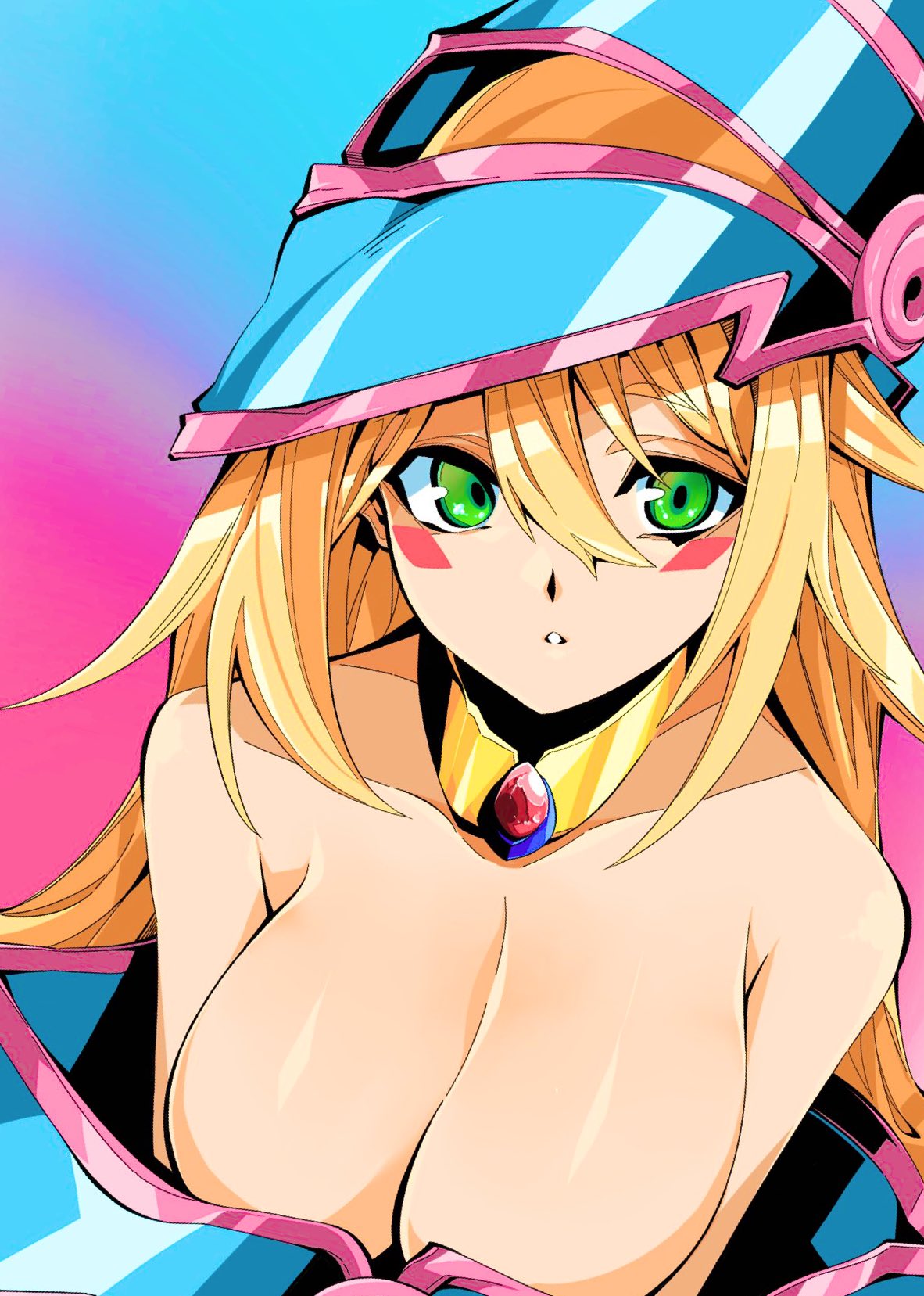 1girl bangs bare_shoulders blonde_hair blue_background blue_headwear blush_stickers breasts commentary_request dark_magician_girl duel_monster gradient gradient_background green_eyes hair_between_eyes hat highres kakutasu_1700 large_breasts long_hair looking_at_viewer off_shoulder parted_lips pink_background shadow solo wizard_hat yu-gi-oh! yu-gi-oh!_duel_monsters