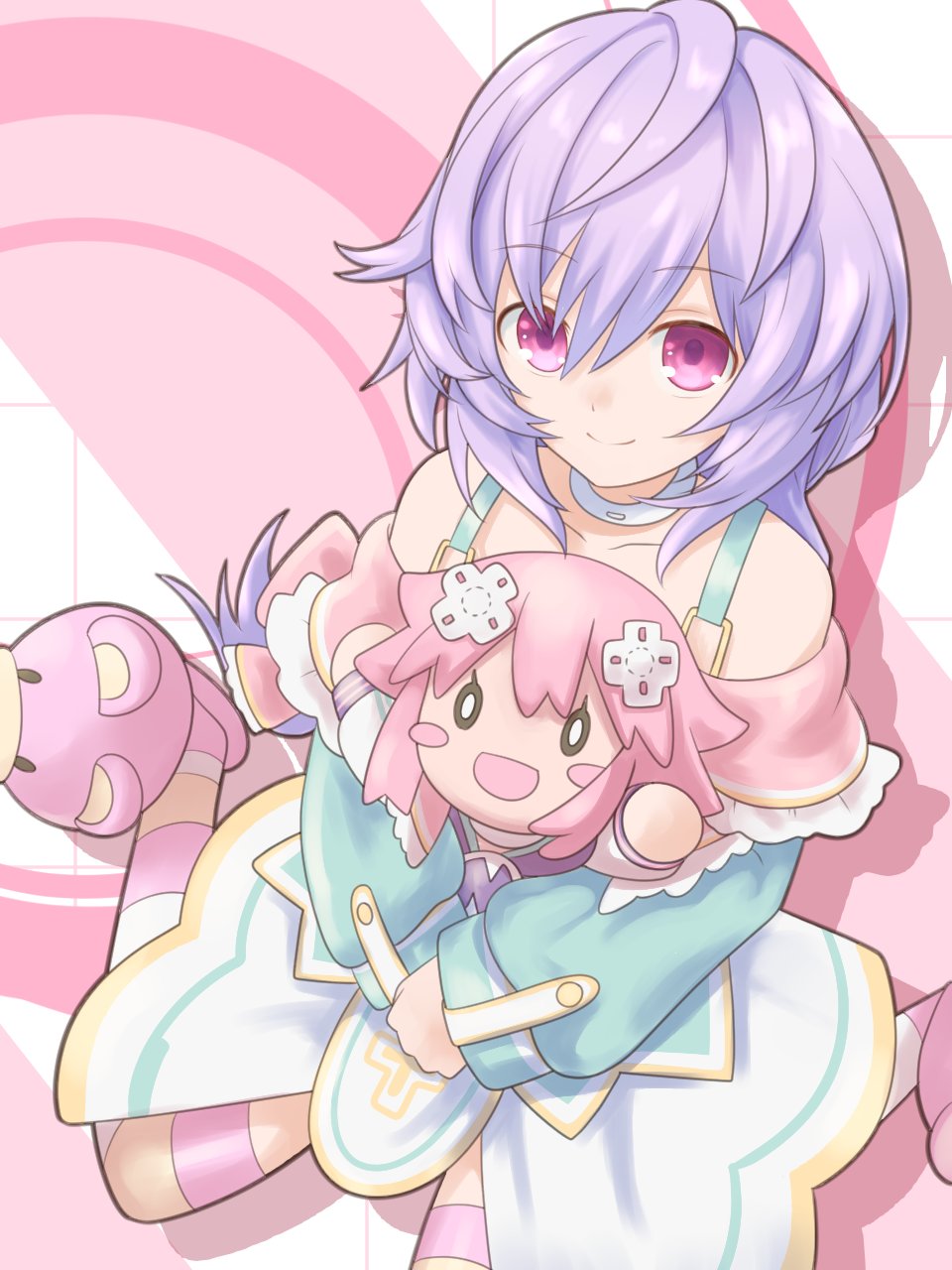 1girl character_doll d-pad d-pad_hair_ornament doll_hug dress from_above hair_between_eyes hair_ornament highres kami_jigen_game_neptune_v looking_at_viewer messy_hair neptune_(neptune_series) neptune_(series) pink_eyes purple_hair pururut smile solo