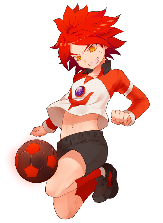 bad_id bad_pixiv_id ball banned_artist black_soccer_ball grin gym_shorts harano inazuma_eleven inazuma_eleven_(series) jersey long_sleeves male_focus midriff nagumo_haruya raglan_sleeves red_hair shorts smile soccer_ball soccer_uniform solo sportswear telstar yellow_eyes