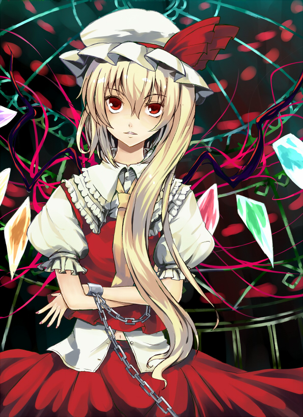 bad_anatomy blonde_hair blue_door chain crossed_arms cuffs flandre_scarlet hat long_hair nail_polish navel pink_nails ponytail red_eyes short_hair side_ponytail solo touhou wings
