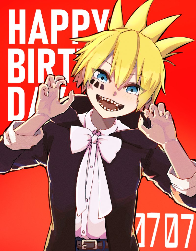 1boy akicaze belt bishounen black_coat black_outline blonde_hair blue_eyes bow bowtie brown_belt claw_pose coat collared_shirt dated double-parted_bangs dress_shirt fingernails hair_between_eyes hands_up happy happy_birthday head_tilt hood hood_down hooded_coat juli_sieben long_sleeves looking_at_viewer male_focus mark_under_eye open_clothes open_coat open_mouth outline red_background saturated sen'yuu. sharp_fingernails sharp_teeth shirt shirt_tucked_in short_hair simple_background solo spiked_hair straight-on teeth tongue upper_body white_bow white_bowtie white_shirt wing_collar