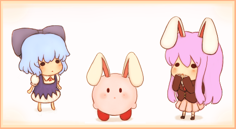 animal_ears bunny_ears chibi cirno copy_ability crossover inaba_tewi kirby kirby_(series) lowres multiple_girls o_o rei_(tonbo0430) reisen_udongein_inaba touhou