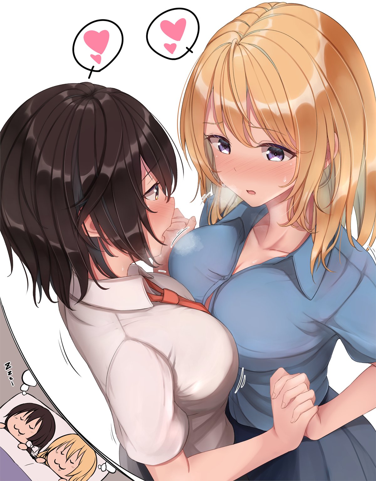 2girls black_hair blonde_hair blue_shirt breast_press breasts closed_eyes commentary_request dreaming eye_contact eyebrows_visible_through_hair fumei_(mugendai) heart highres holding_hands interlocked_fingers large_breasts looking_at_another maribel_hearn multiple_girls necktie open_mouth purple_eyes red_neckwear shirt short_hair simple_background sleeping spoken_heart symmetrical_docking touhou usami_renko white_background white_shirt yuri zzz